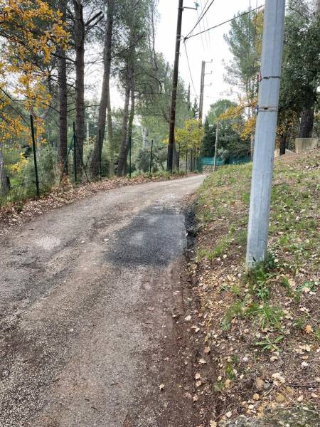 Patch d'enrobé projeté pour réparation trous sur route communale