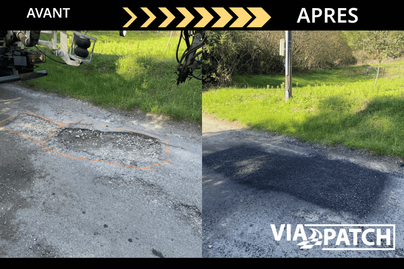 Avant après réparation des nids de poule des voiries en enrobé avec le blowpatcher