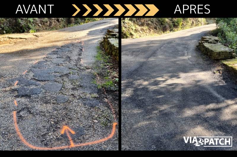 Avant après réparation nids de poule avec la blowpatcher